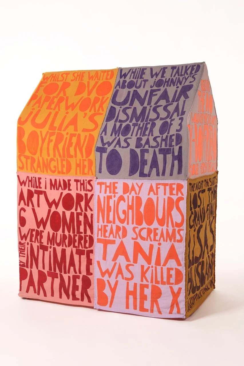 Ali Griffin, SAFE HOUSE (2023), Linen tea towels, fabric paint, wooden frame, 58 x 120 x 82 cm