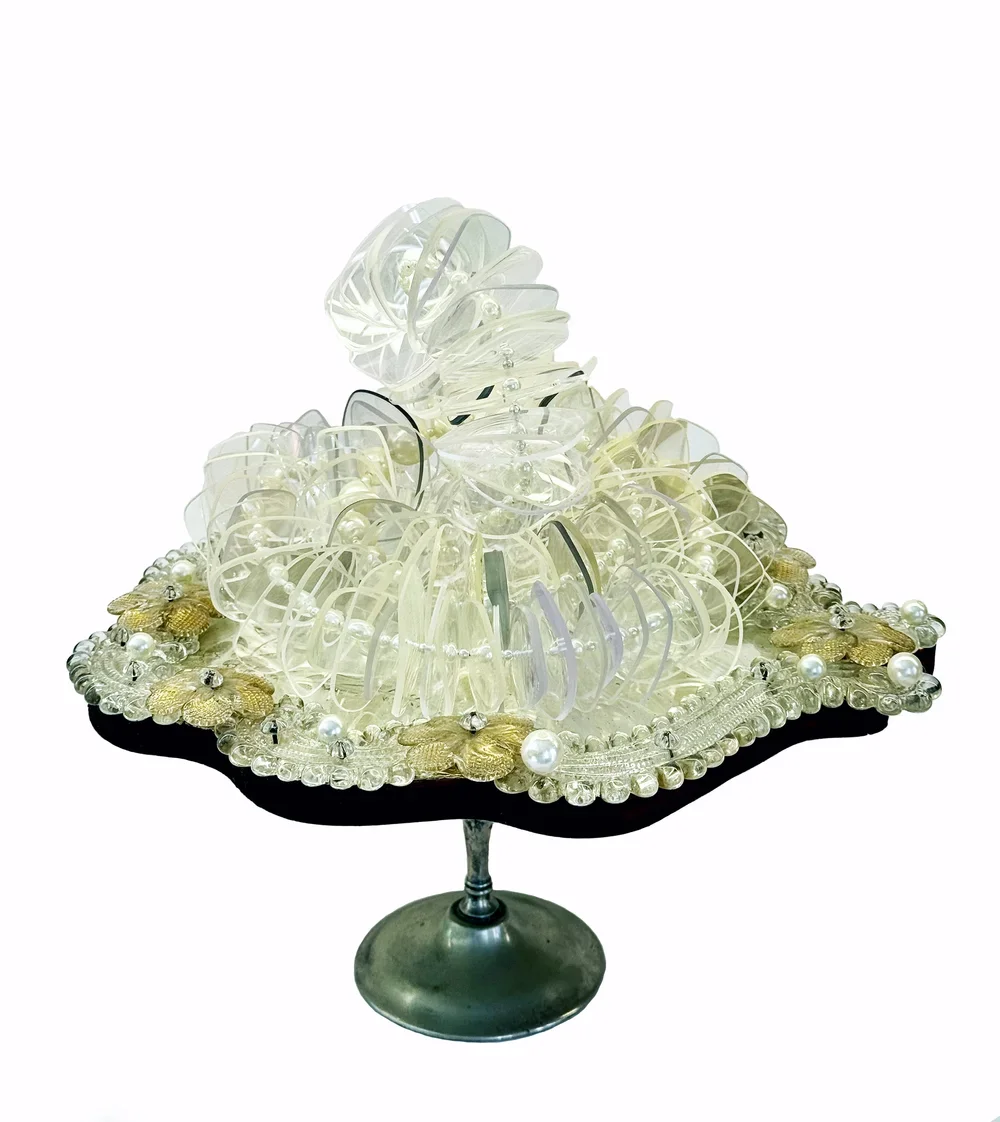 Carmel Wallace, Venetian Optics (2019), Recycled optical lenses, antique Venetian mirror with Murano glass, antique silver cake stand, recycled imitation pearls, 30 x 30 x 30 cm