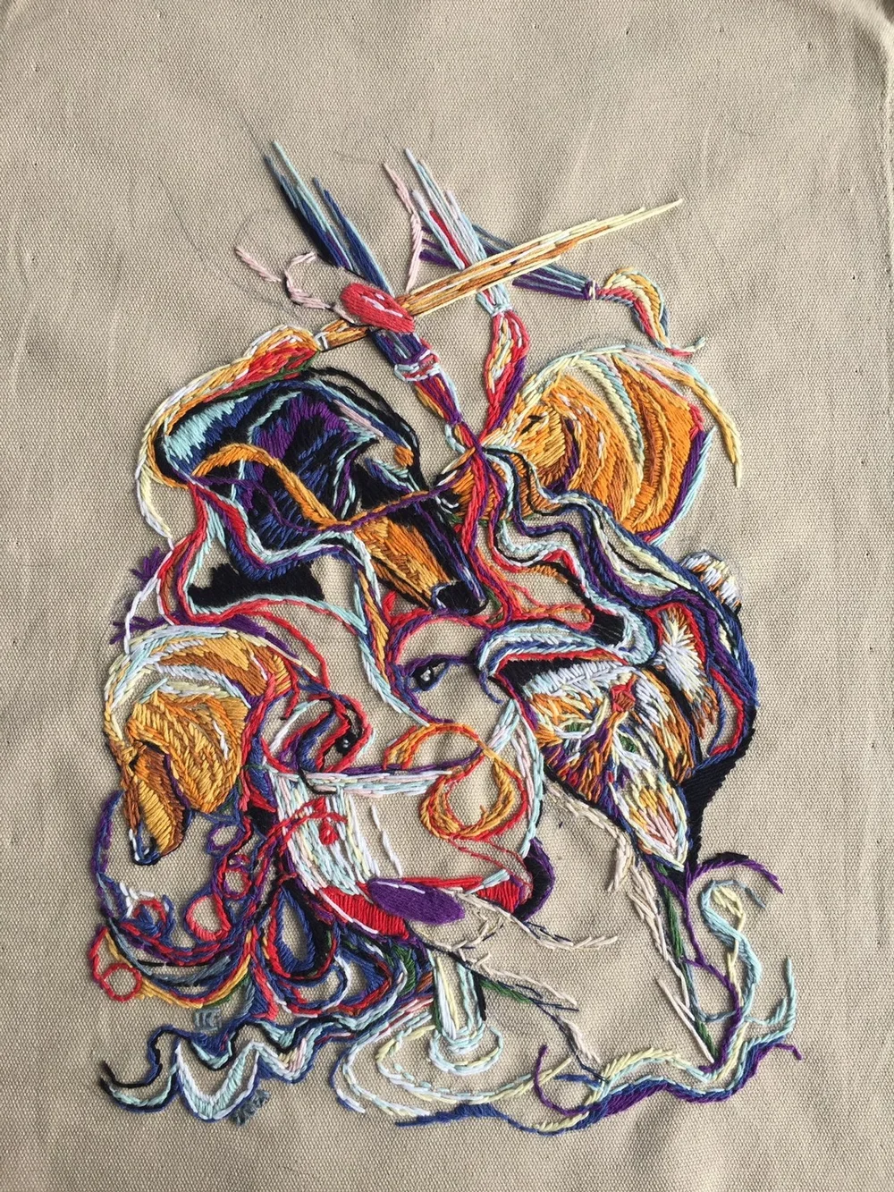 Kirsty Gorter, Isolating with Familiars (2021), Free form long stitch, cotton thread on linen, 28 x 40 cm