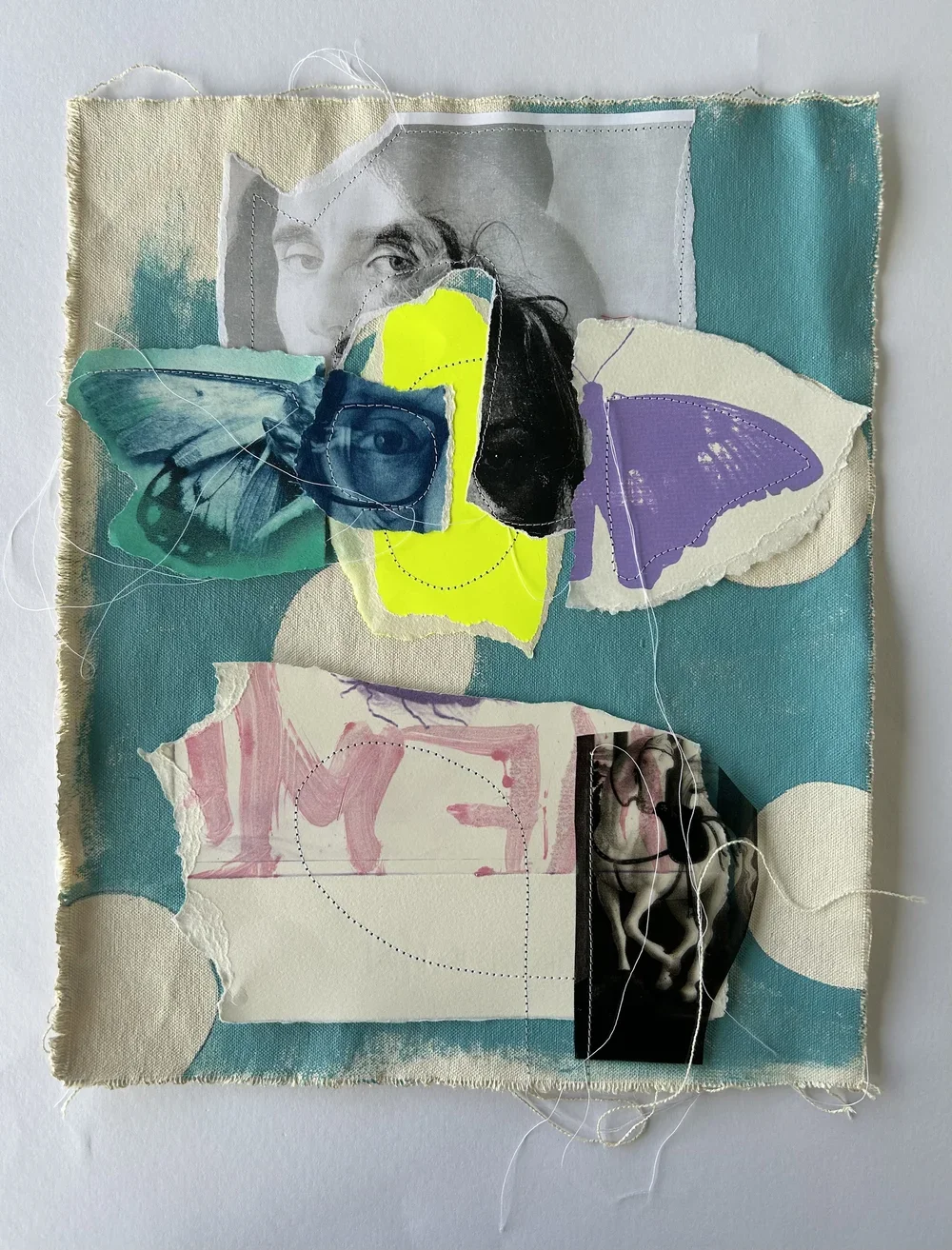 Kristen Flynn, Self-portrait butterfly head with Botticelli man and horse (2025), Mixed print media on canvas, 30 x 37 cm