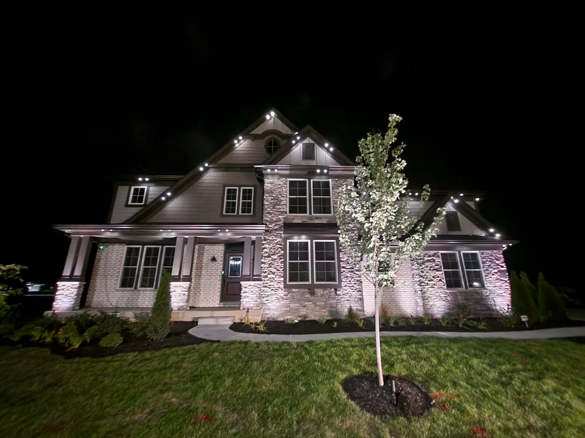 A large house decorated with outdoor string lights at night, with well-maintained front yard, a small tree, and landscaped bushes.