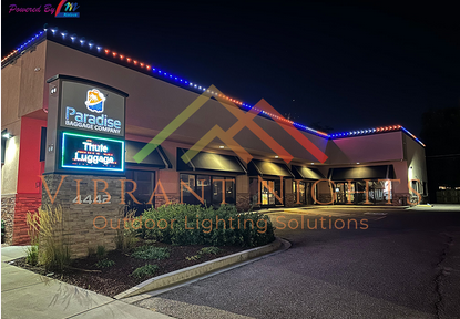 Night view of a commercial building with illuminated signs for Paradise Language Company and Thule Luggage, decorated with colorful LED string lights along the roofline, surrounded by a parking lot and landscaped bushes.