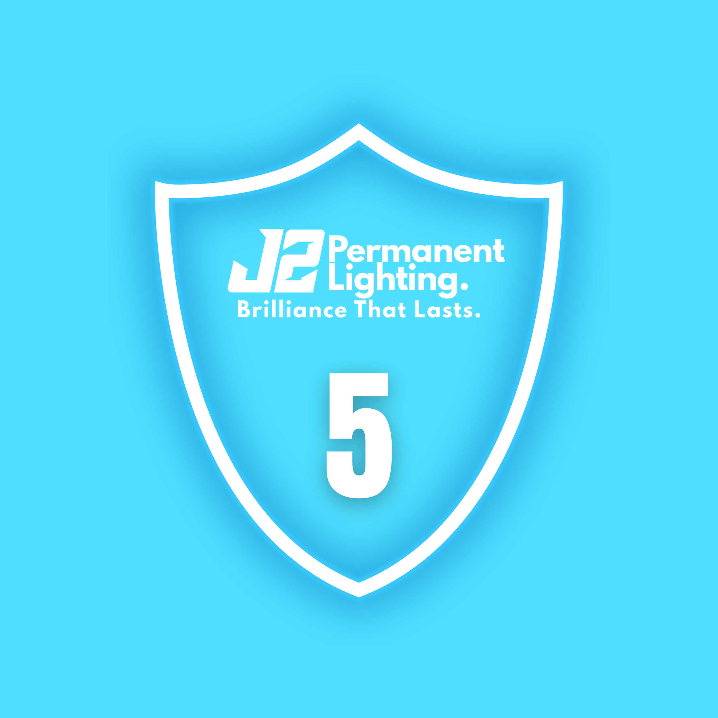 A blue shield logo with white text promoting J2 Permanent Lighting, with the tagline 'Brilliance That Lasts,' and the number 5.