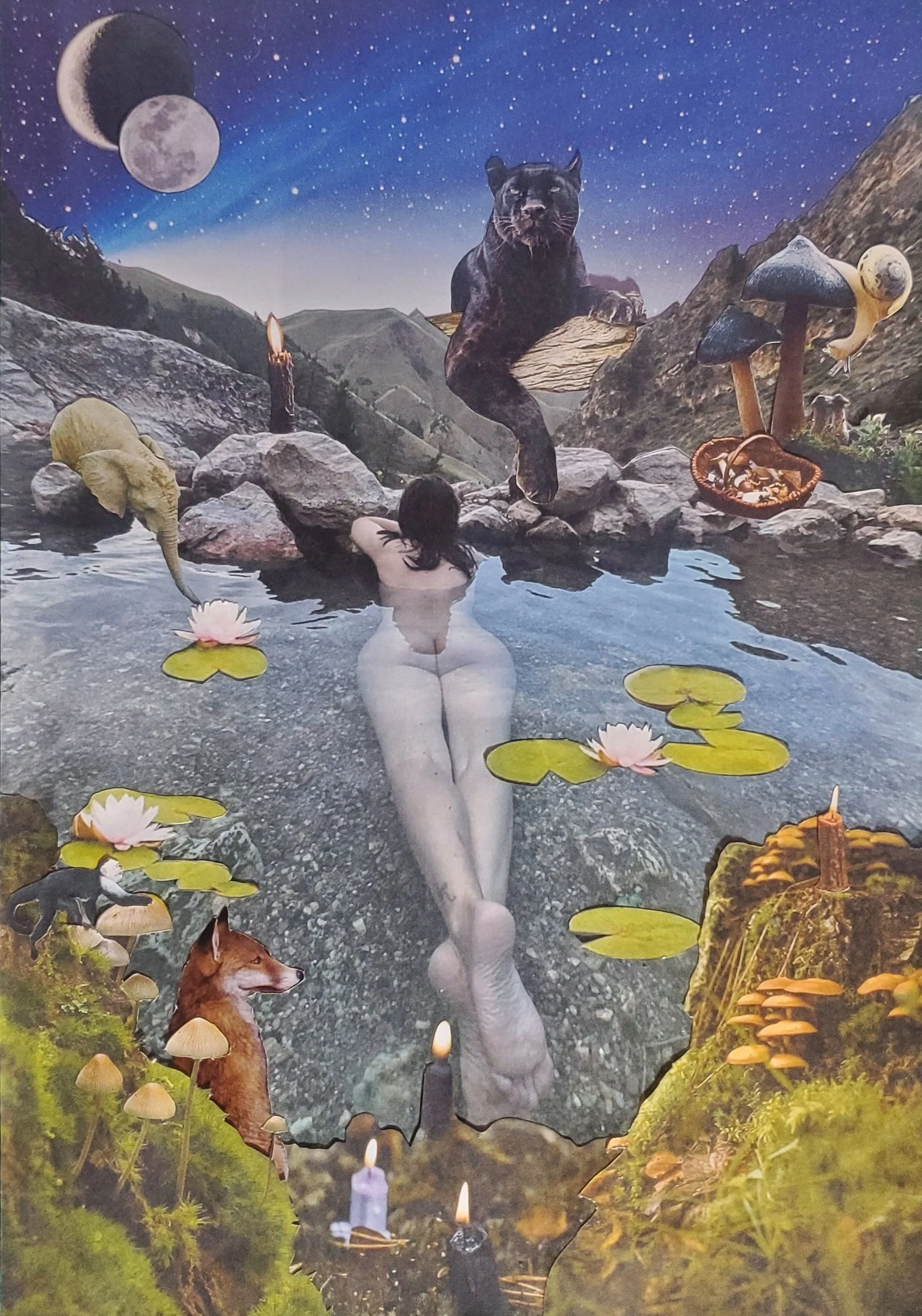 "I Know My Girlfriend is a Witch I" Diptych
Mixed Media Collage: Reused Paper Materials, original photographs, gold wire, crystals, ephemera from nature
2023