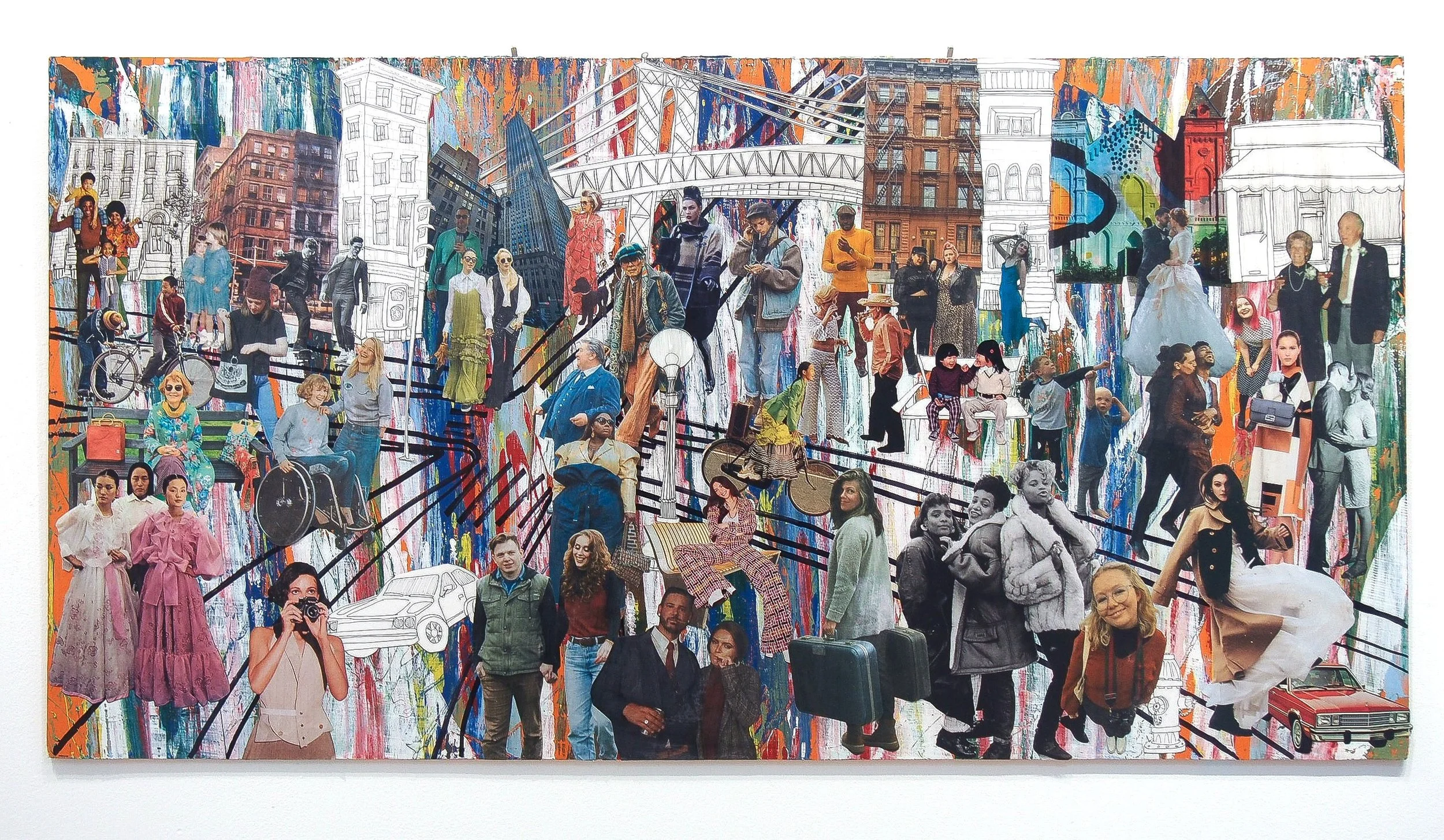 "Who Are The People In Your Neighborhood"
Mixed Media Collage: repurposed materials, upcycled paper, original photographs, ink
24.5" x 49"
2024