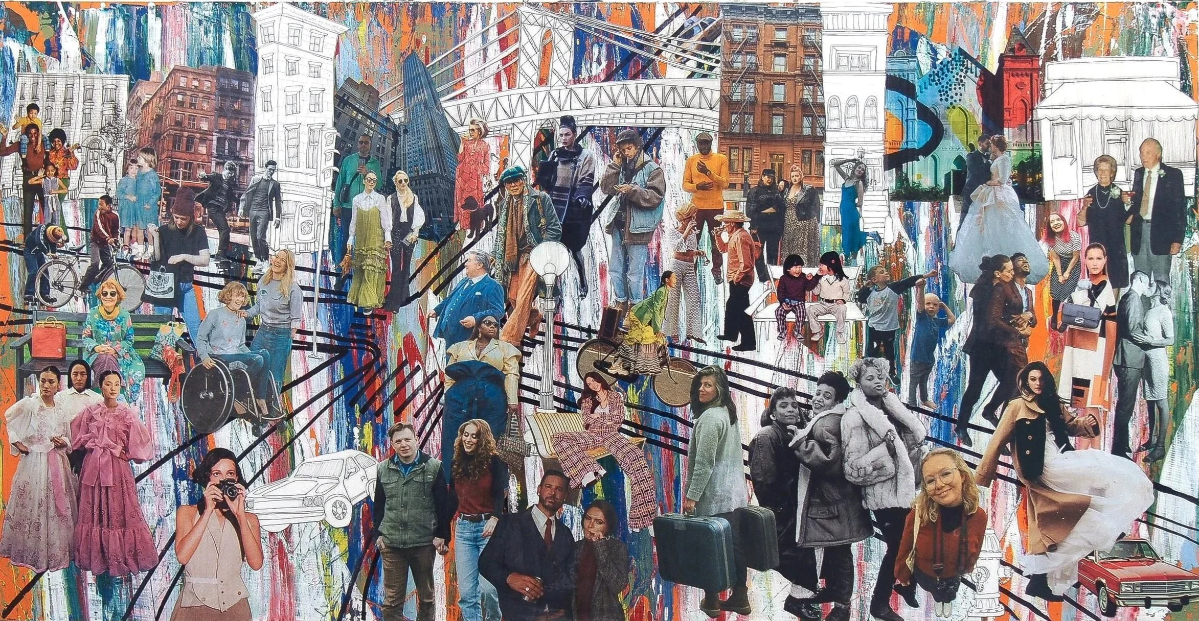 city scene collage an imagined street corner in brooklyn new york. hand drawn illustrations vs vintage and modern photographs. represents family, home, diversity.