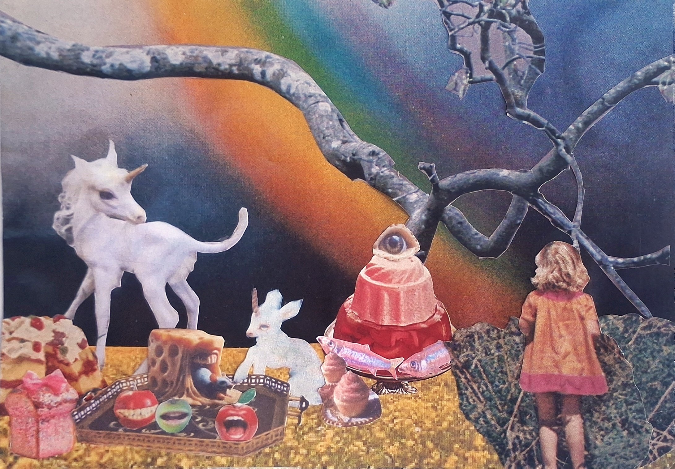 A surreal collage featuring a unicorn, a girl in a dress, a fish, and various objects, set against a colorful, cosmic background with a tree branch.