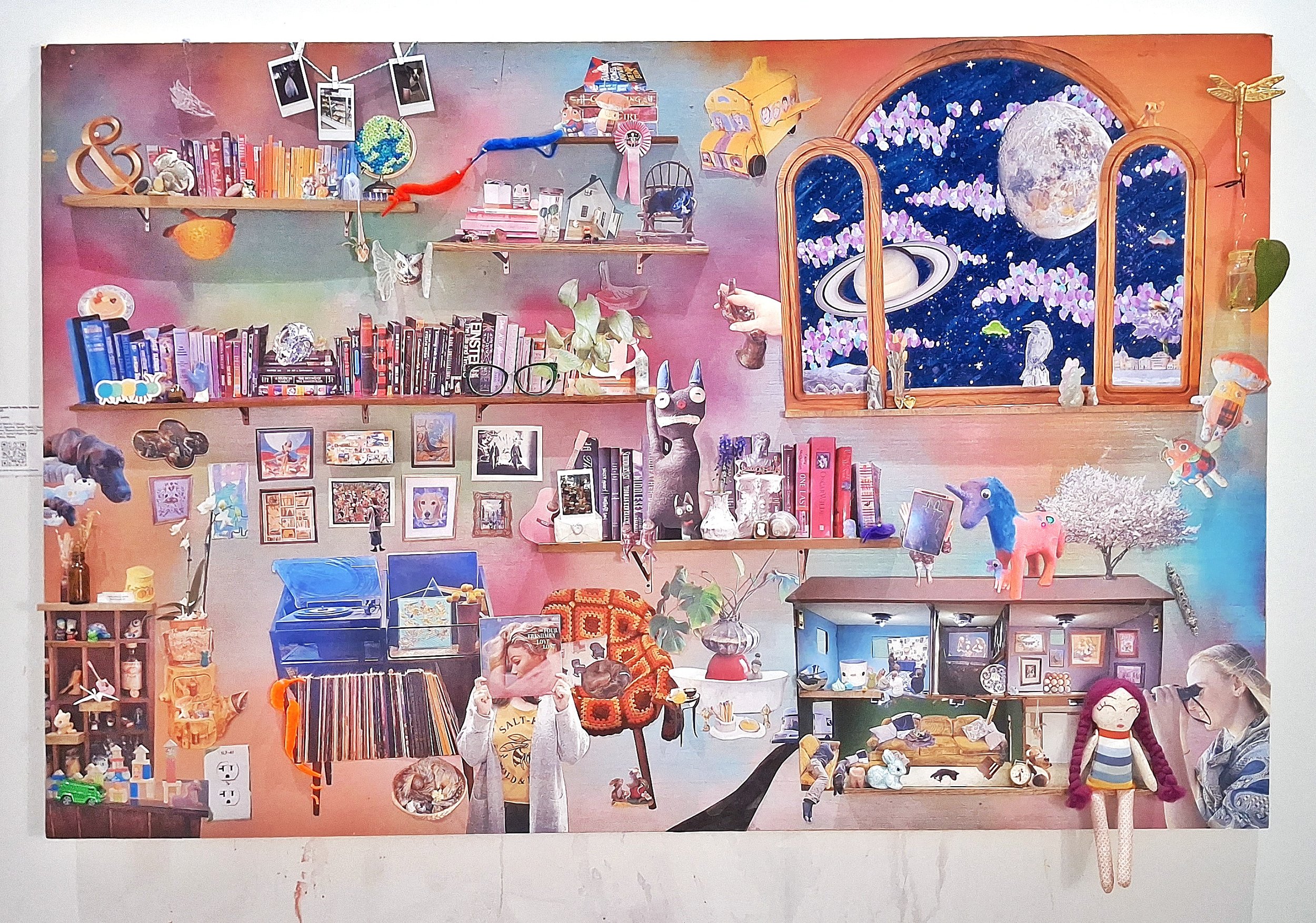 "Here I Go, Trapped Inside My Head Again"
Mixed Media Collage Sculpture: wood, paint, hollo vinyl, repurposed paper materials, original photographs, toys & trinkets
74"x48" x5"
2025