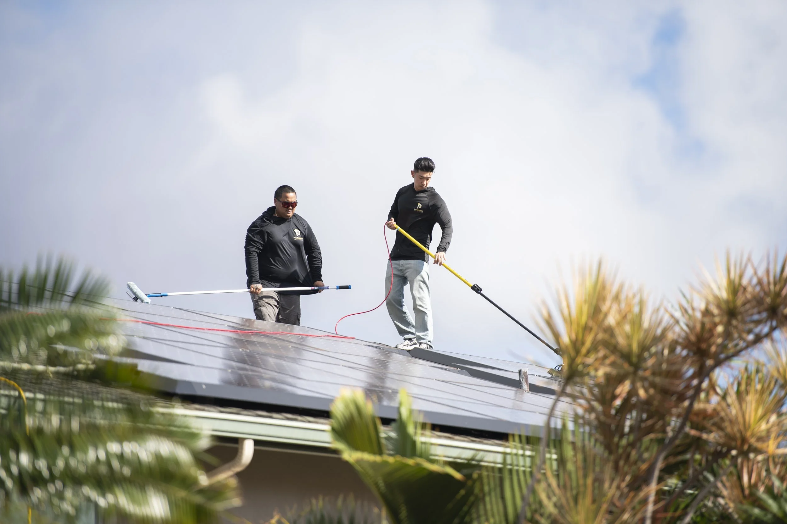Two workers installing or maintaining solar panels on a roof. One is holding a cleaning tool, the other using a tool with a long handle, with a cloudy sky background and some foliage in the foreground.
