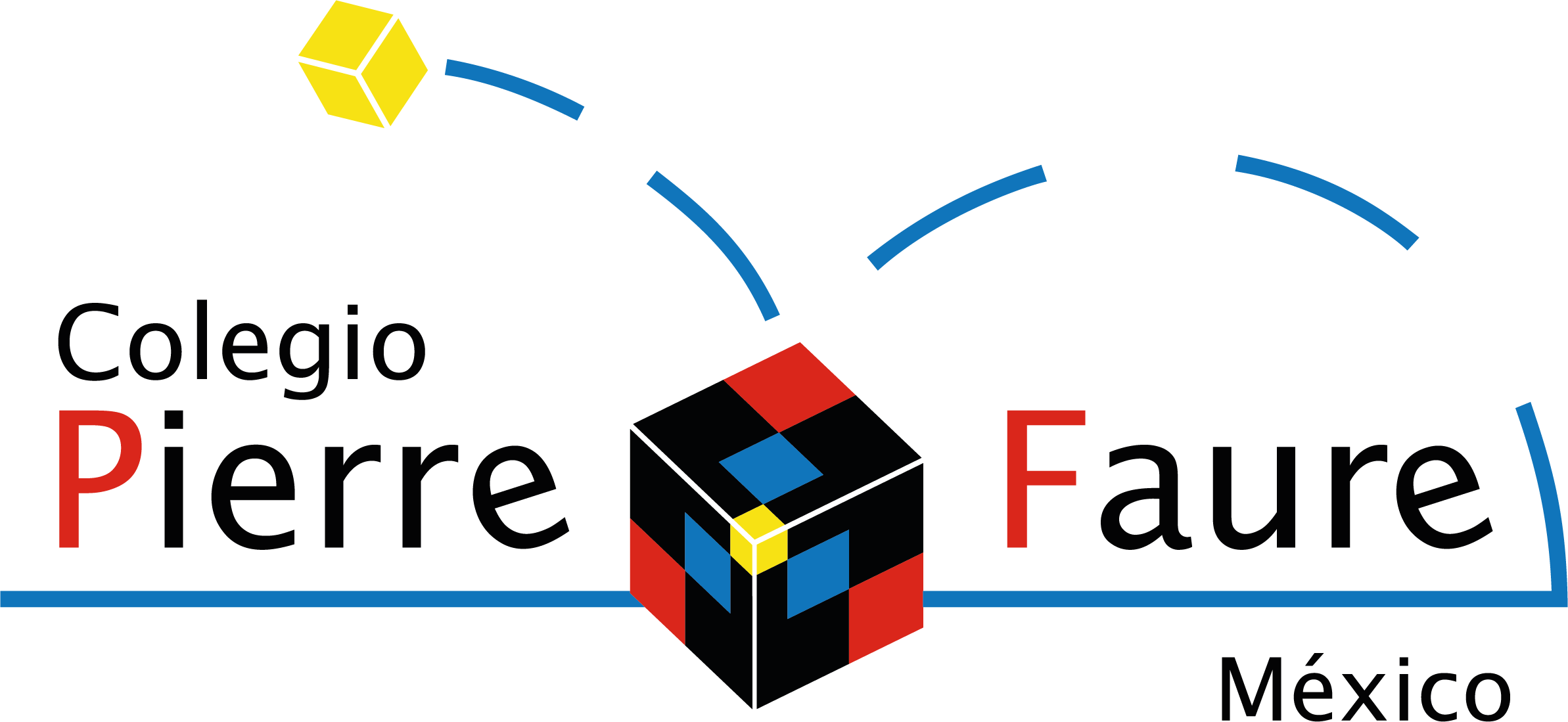 Logotipo del Colegio Pierre Faure, que incluye un cubo de rompecabezas con colores azul, rojo, negro y amarillo, y líneas azules y texto en español que indica la ubicación en México.