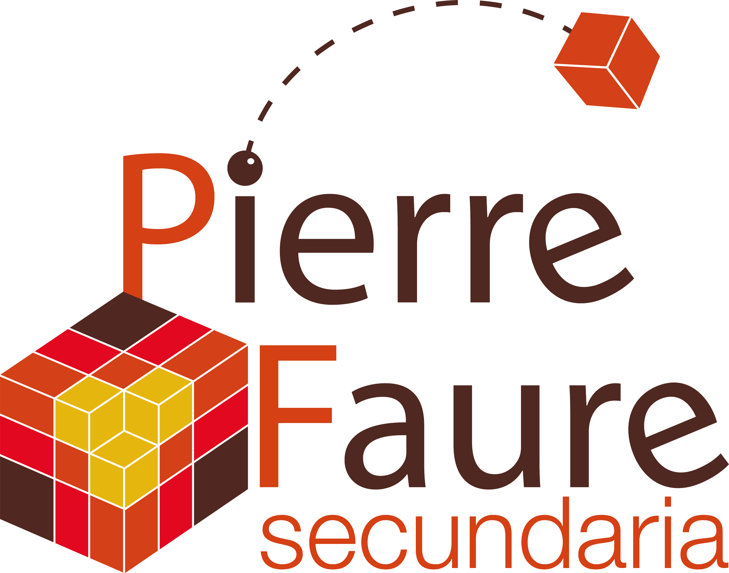 Logotipo con texto que dice "Piere Faure secundaria" y una figura de cubo de colores rojos, naranjas, amarillos y marrón.