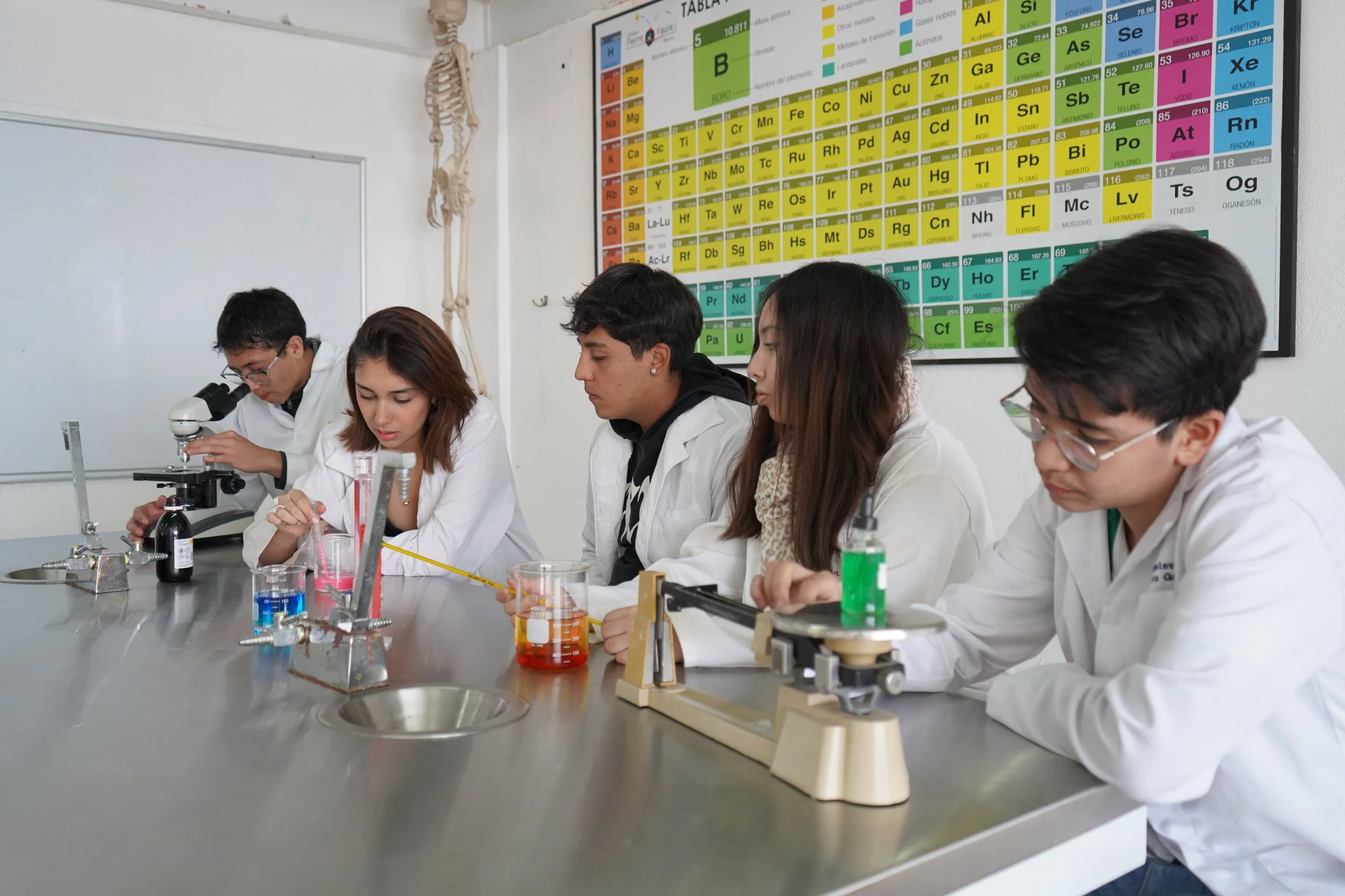 Estudiantes en un laboratorio de ciencias realizando experimentos con líquidos y usando microscopios, con la tabla periódica de fondo y un esqueleto humano decorativo en la pared.