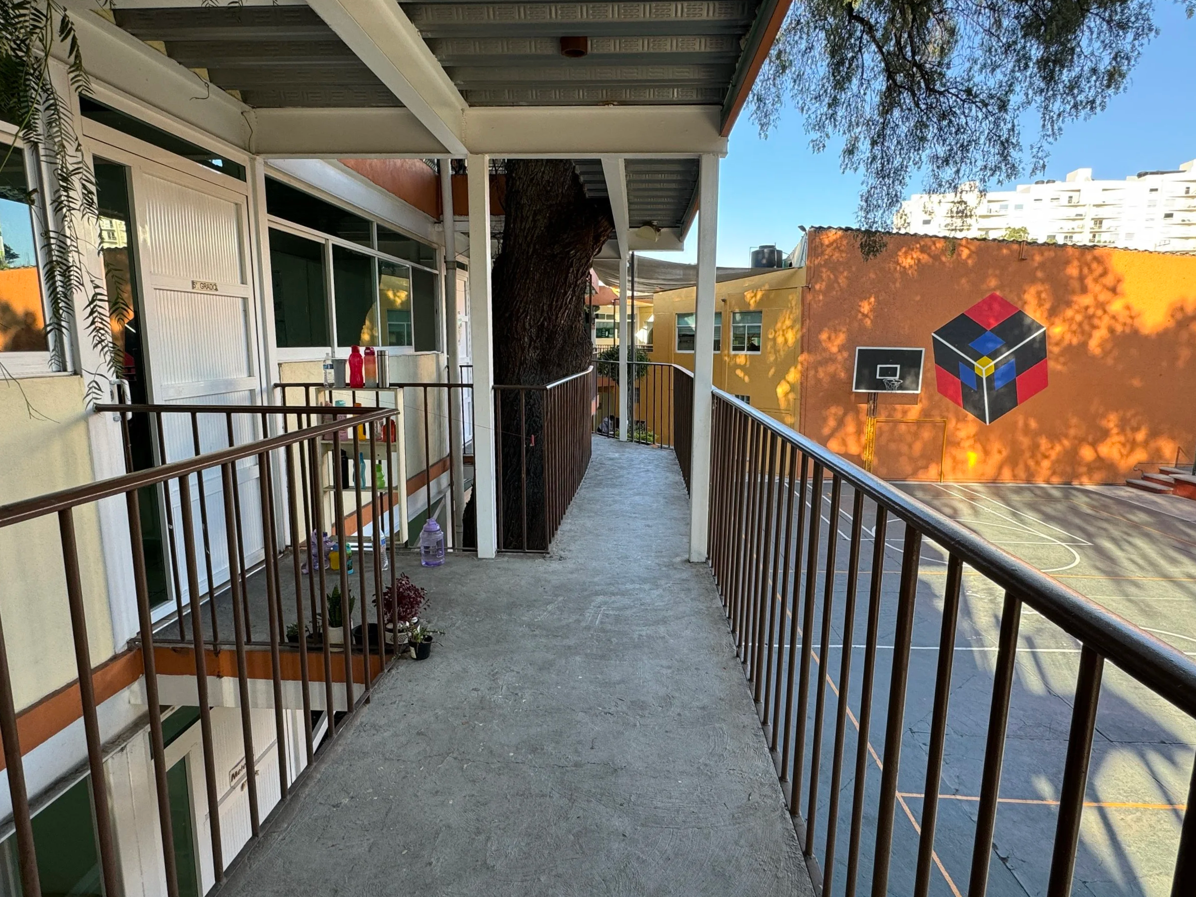 Pasillo externo en un centro escolar con vista a una cancha de baloncesto y un mural en la pared de un cubo colorido, en un día soleado con sombra de árbol.