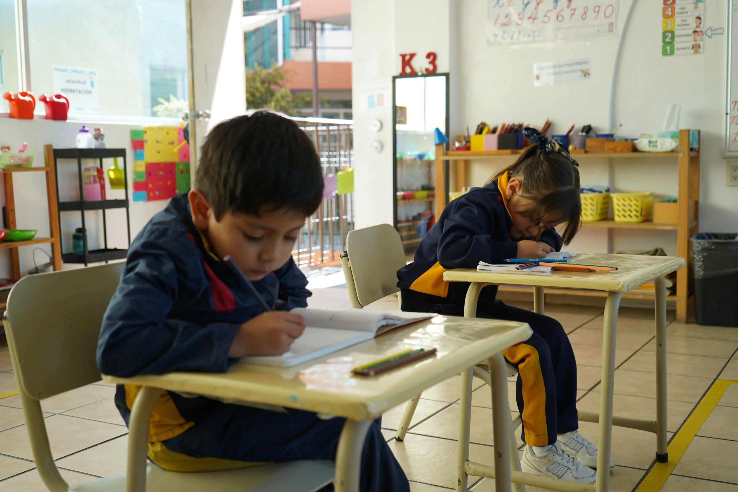Dos niños en un salón de clases sentados en pupitres, trabajando en tareas con libros y lápices. Hay estantes con materiales escolares y una pizarra en la pared.