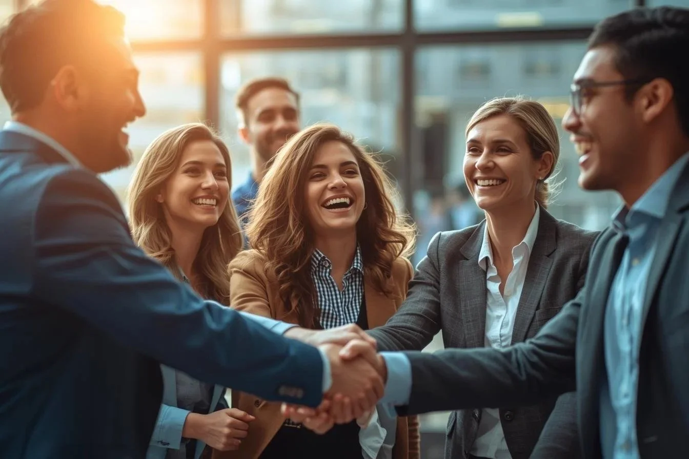 Group of businesspeople shaking hands and smiling in an office with large windows.