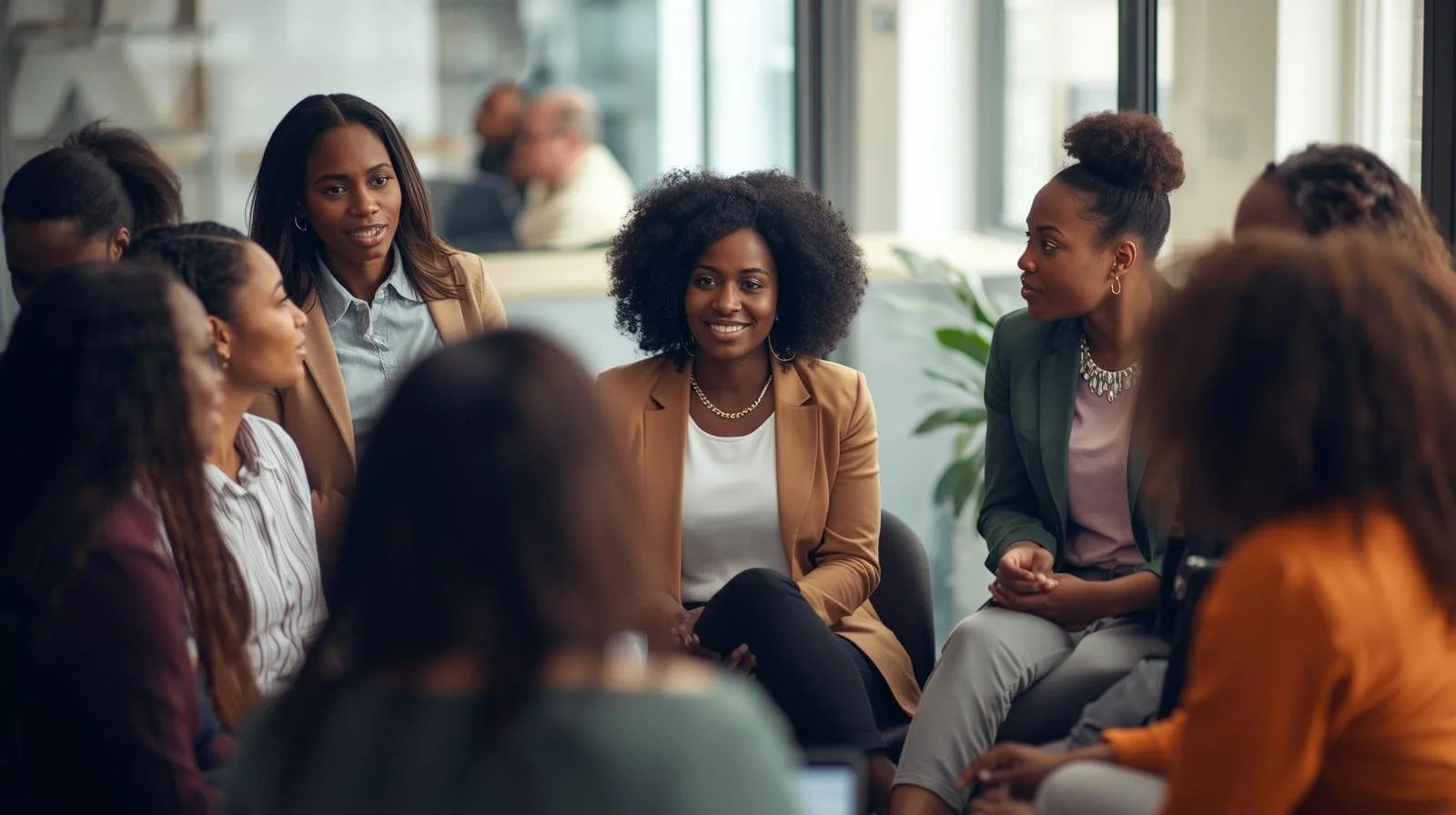 Group of diverse women having a discussion in a modern office setting.