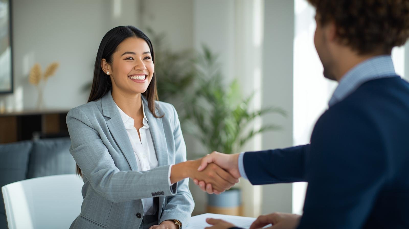 Businesswoman in a light gray blazer shaking hands with a man in a dark blazer, smiling in a modern office.