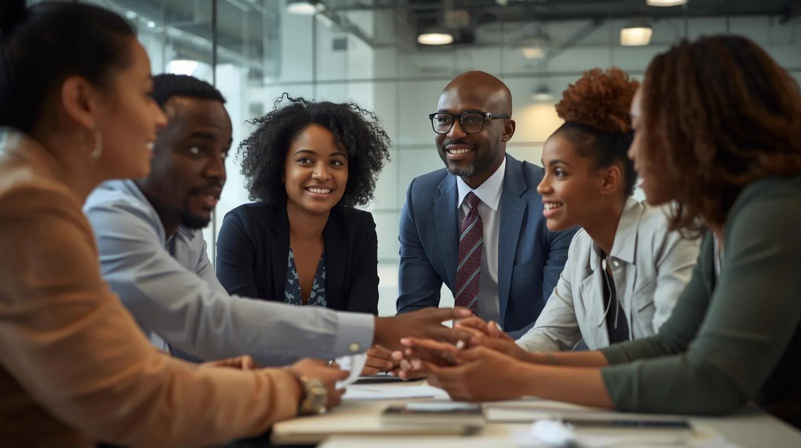 Group of diverse professionals in a modern office, sitting around a table, smiling, and holding hands, engaging in a team meeting.