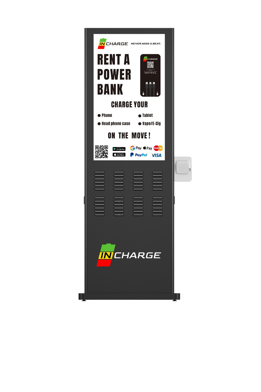 The President 5-foot-11-inch standing metal battery kiosk with 48 slots and a massive 43-inch 1080p HD digital advertising display.