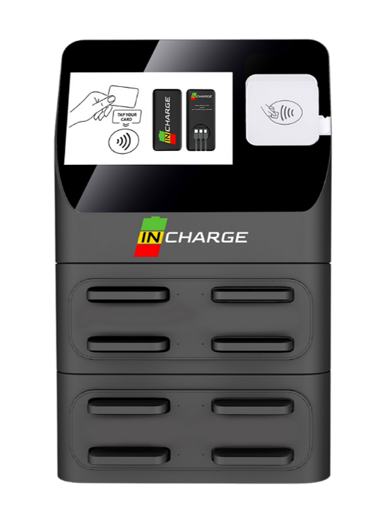 A battery rental station with 8 portable batteries with instructions for card tap and contactless payment.