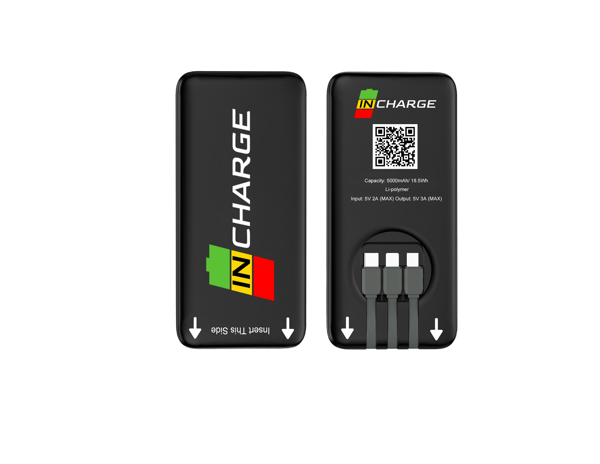 5000mAh portable battery with 3 built-in charging cables for universal device compatibility and mobile power rental.