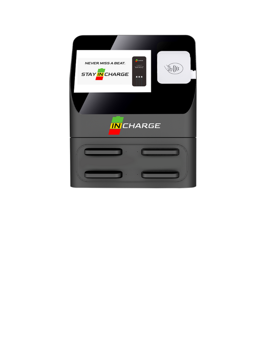 The Officer 4-slot battery rental base station including four 5000mAh portable power banks with built-in charging cables.