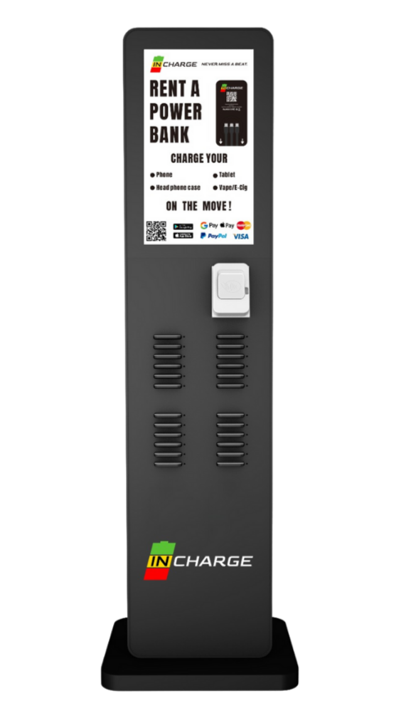 A large power bank station with 24 batteries inside and a contactless stripe card reader attached.