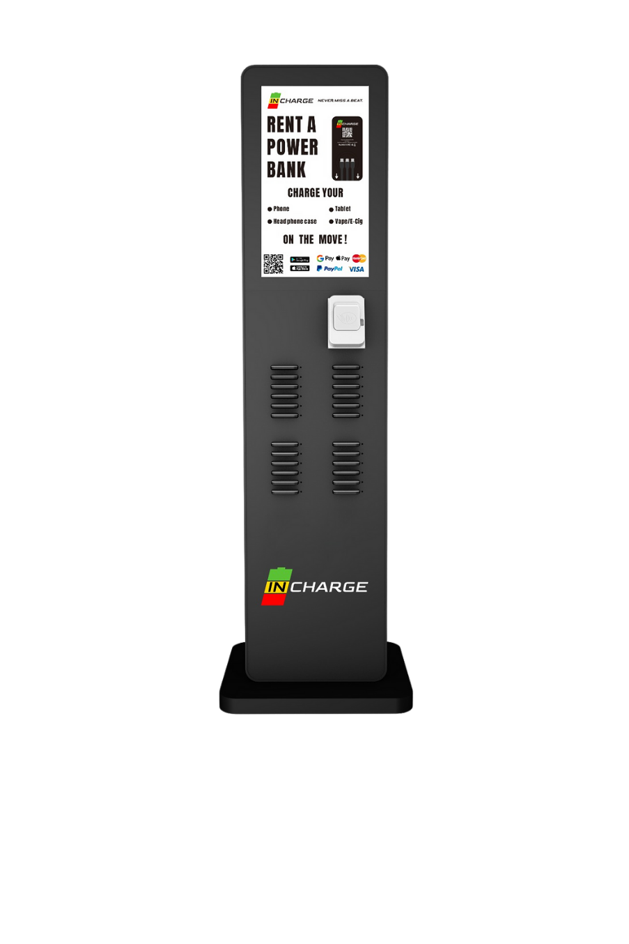 The Commander 5-foot-4-inch standing metal battery rental kiosk with 24 slots and a 21-inch 1080p HD advertising display.