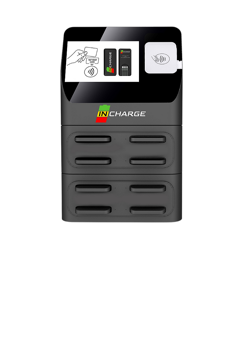 The Captain 8-slot battery rental base station including eight 5000mAh portable power banks with universal charging cables.