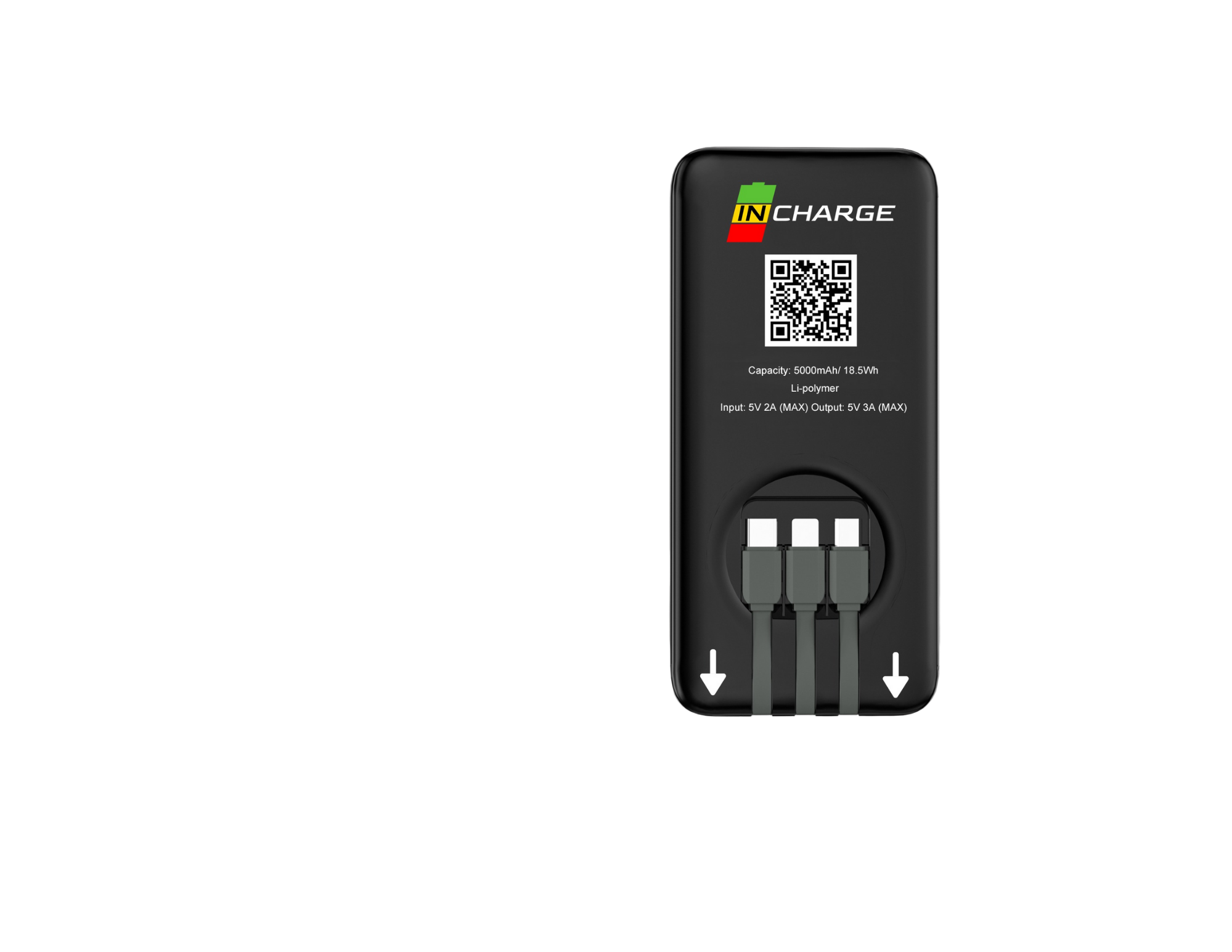 Close-up of a portable charger showing built-in Lightning, USB-C, and Micro-USB cables for universal device compatibility.