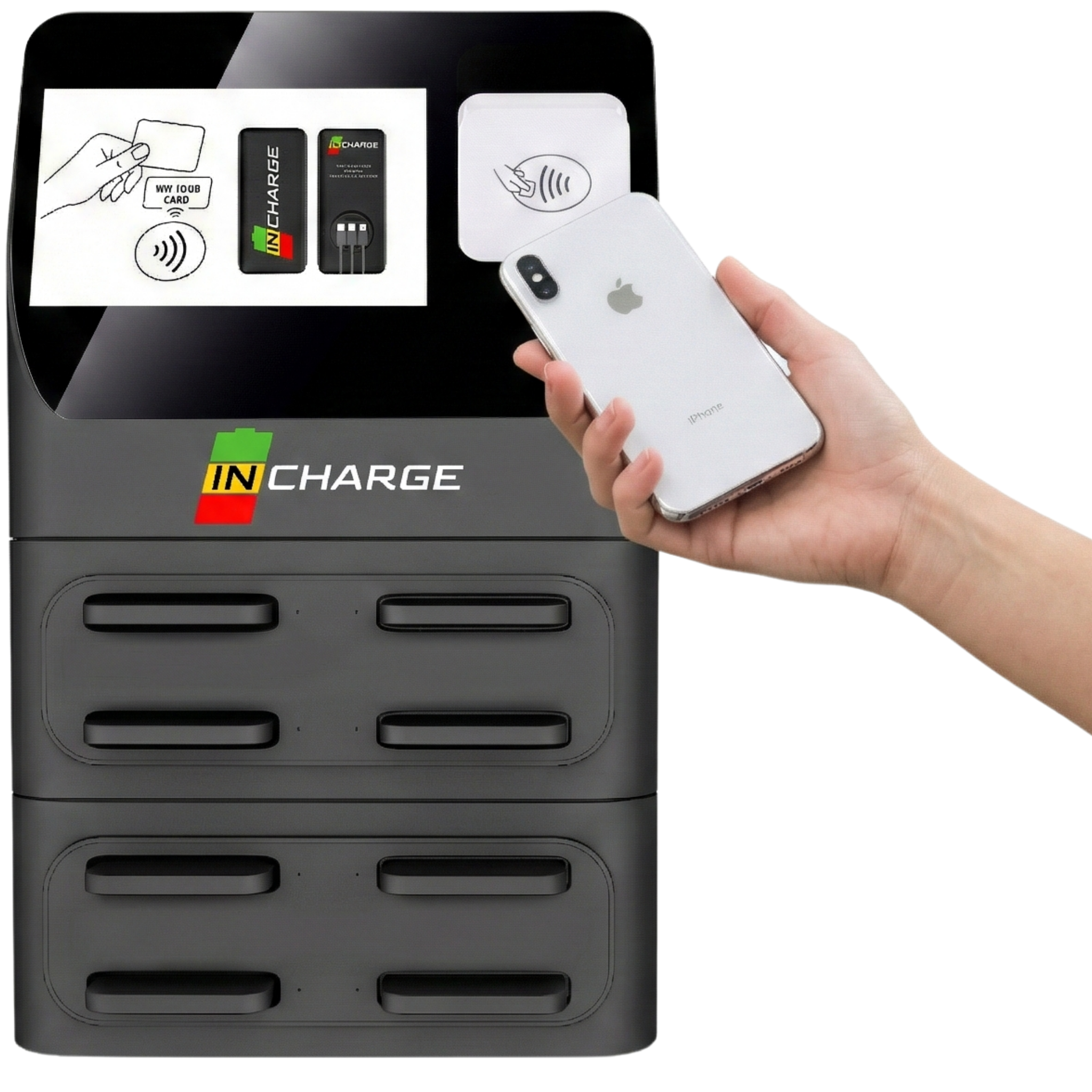 A user paying for a portable power bank by using their cell phone by a Stripe reader.