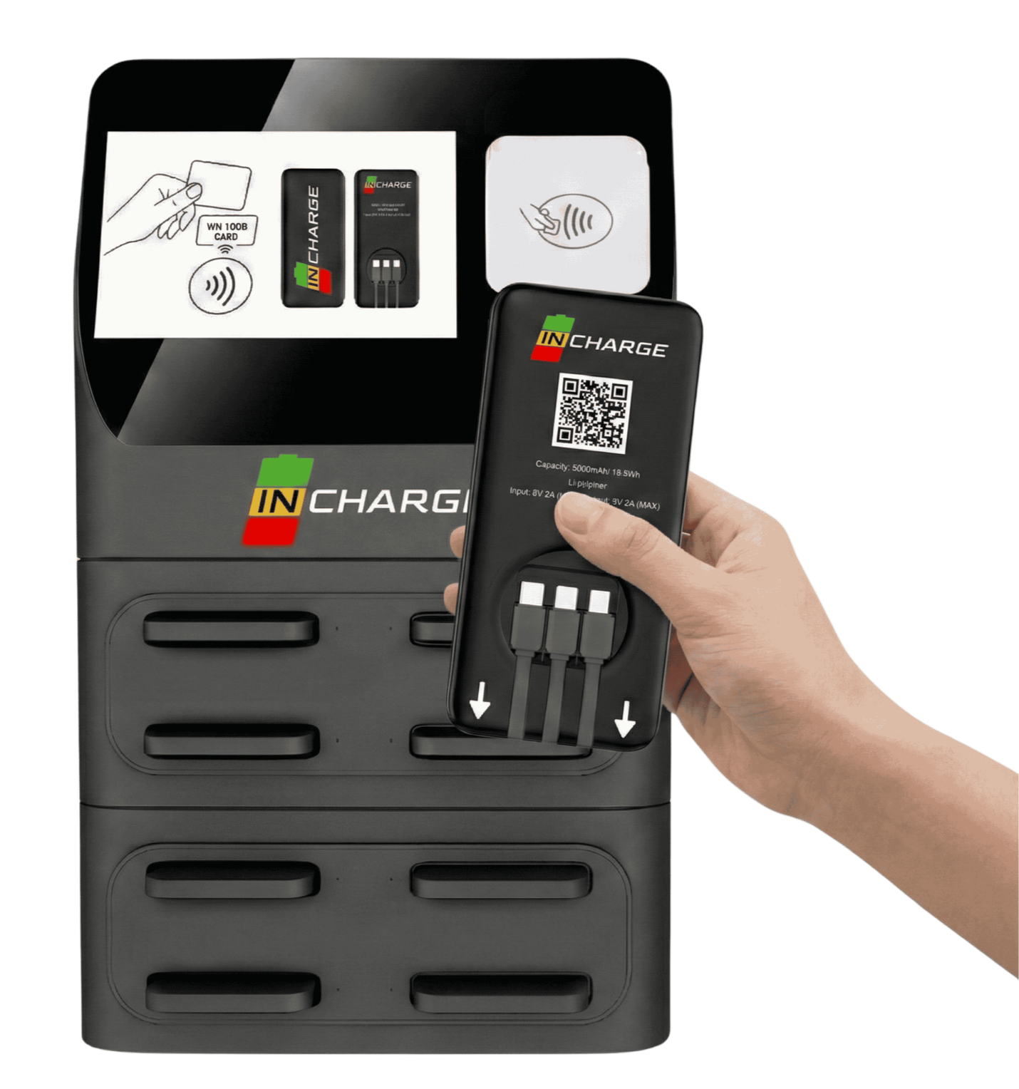 A person holding and returning an In Charge branded battery to an In Charge branded battery station