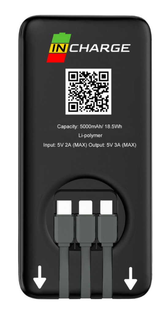 A black portable power bank with a QR code, capacity specifications of 5000mAh and 18.5Wh, labeled as lithium-polymer, with input and output ratings, and three charging cables plugged in.