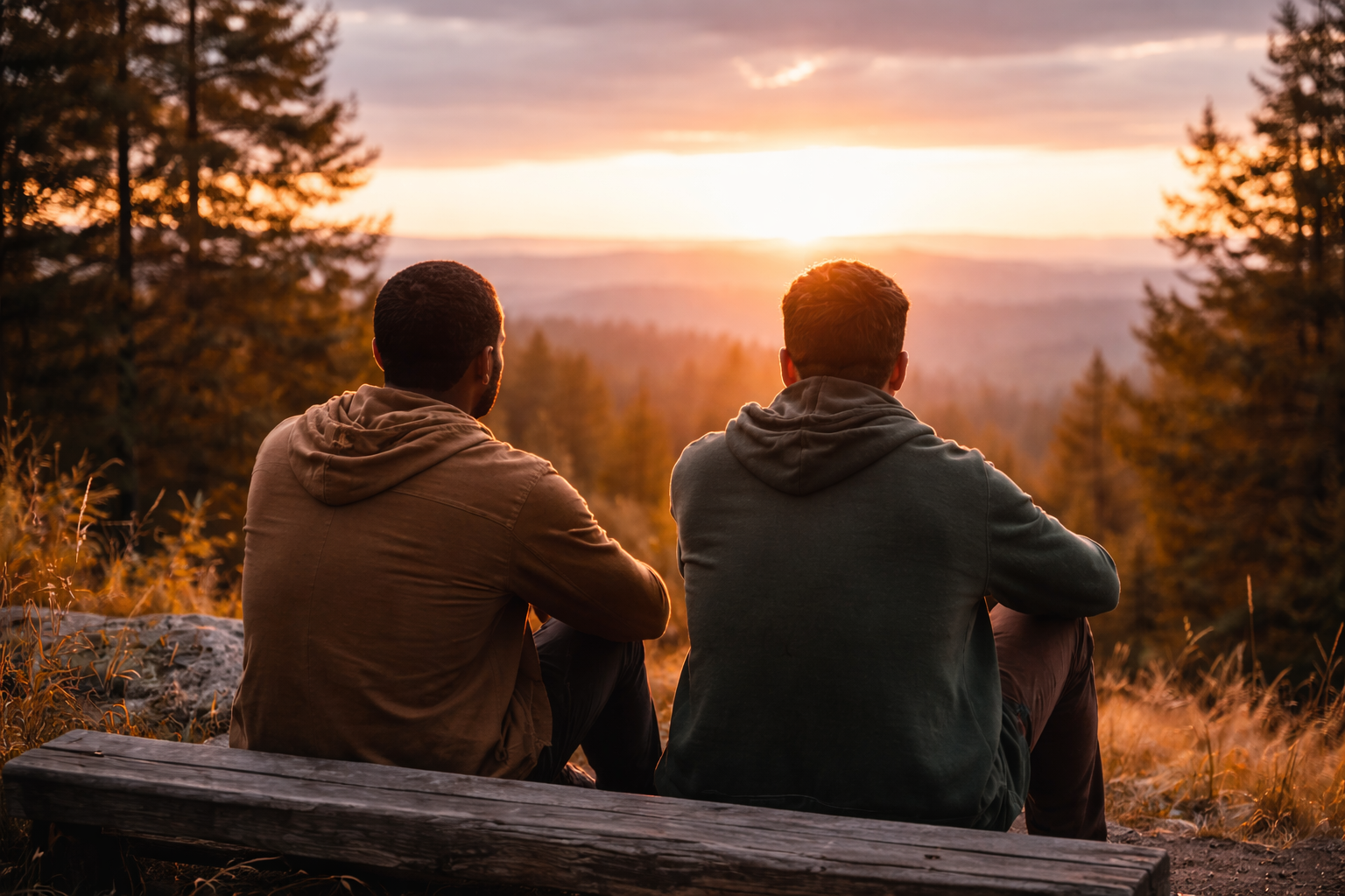 Two men sitting on a wooden bench, watching a sunset over a forested landscape with mountains in the background.