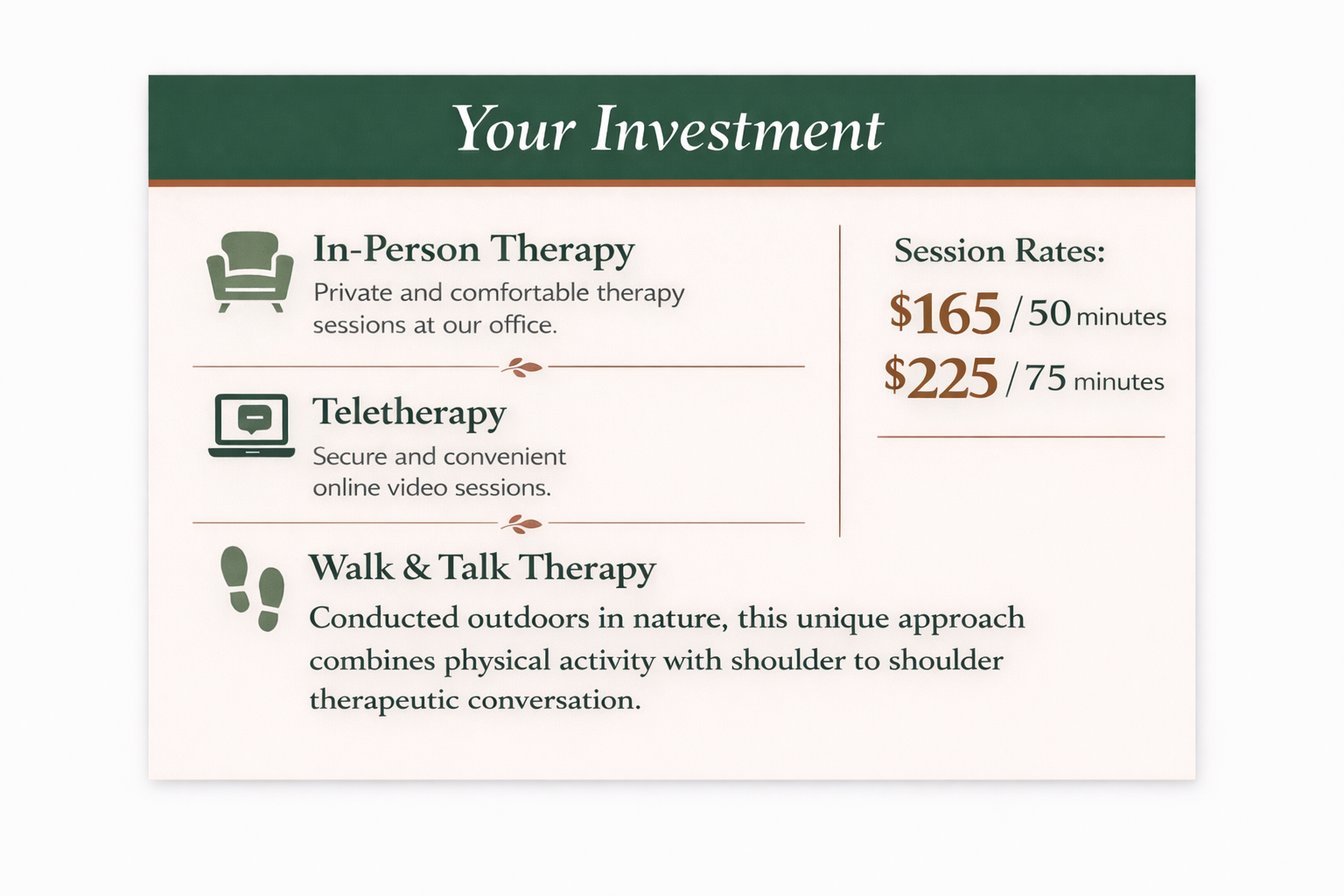 A flyer advertising mental health therapy services, including in-person sessions, teletherapy, and outdoor walk-and-talk therapy, with session rates of $165 for 50 minutes and $225 for 75 minutes.