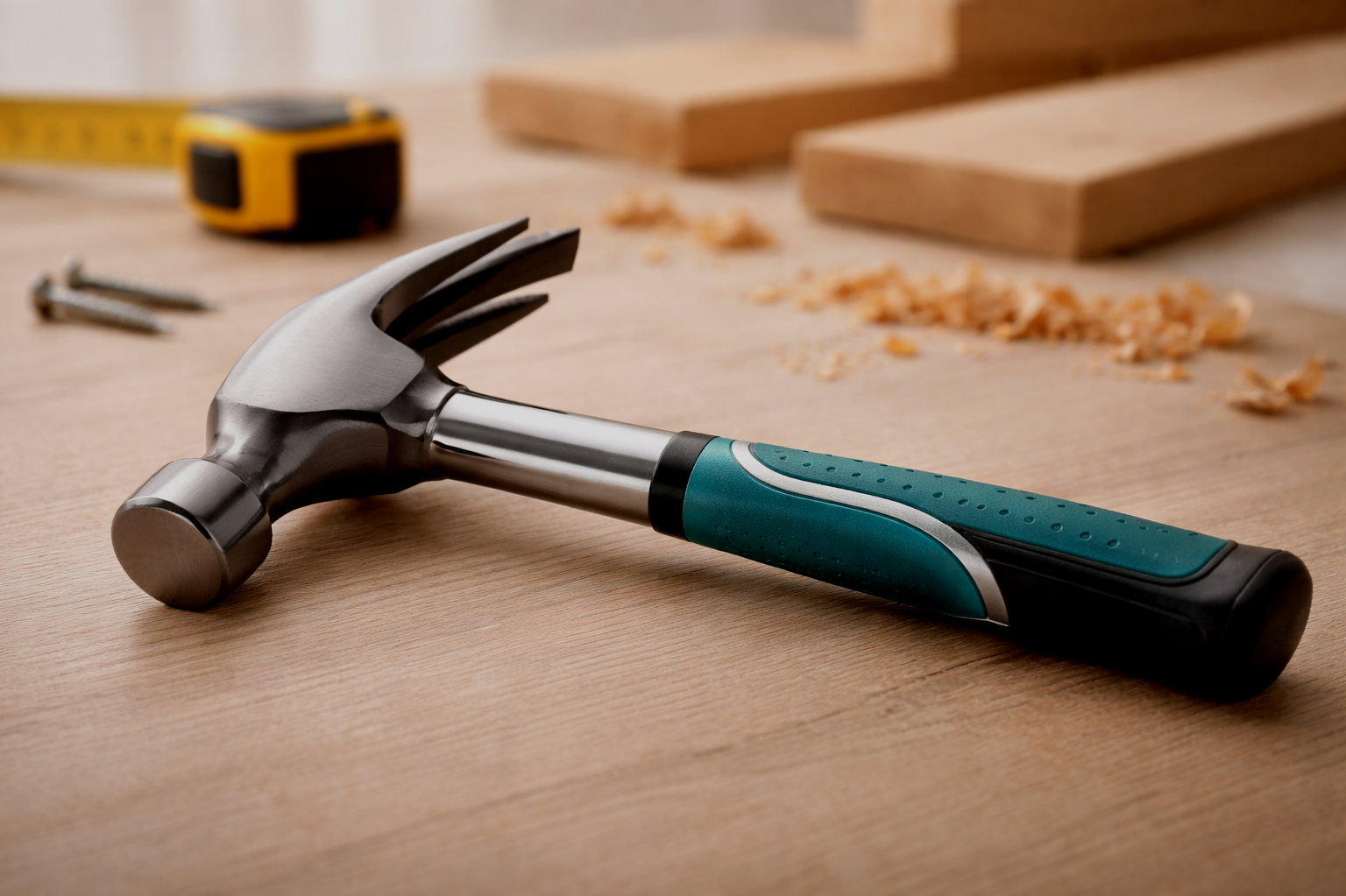 A hammer lying on a wooden workbench with wood shavings, screws, and wooden planks in the background.