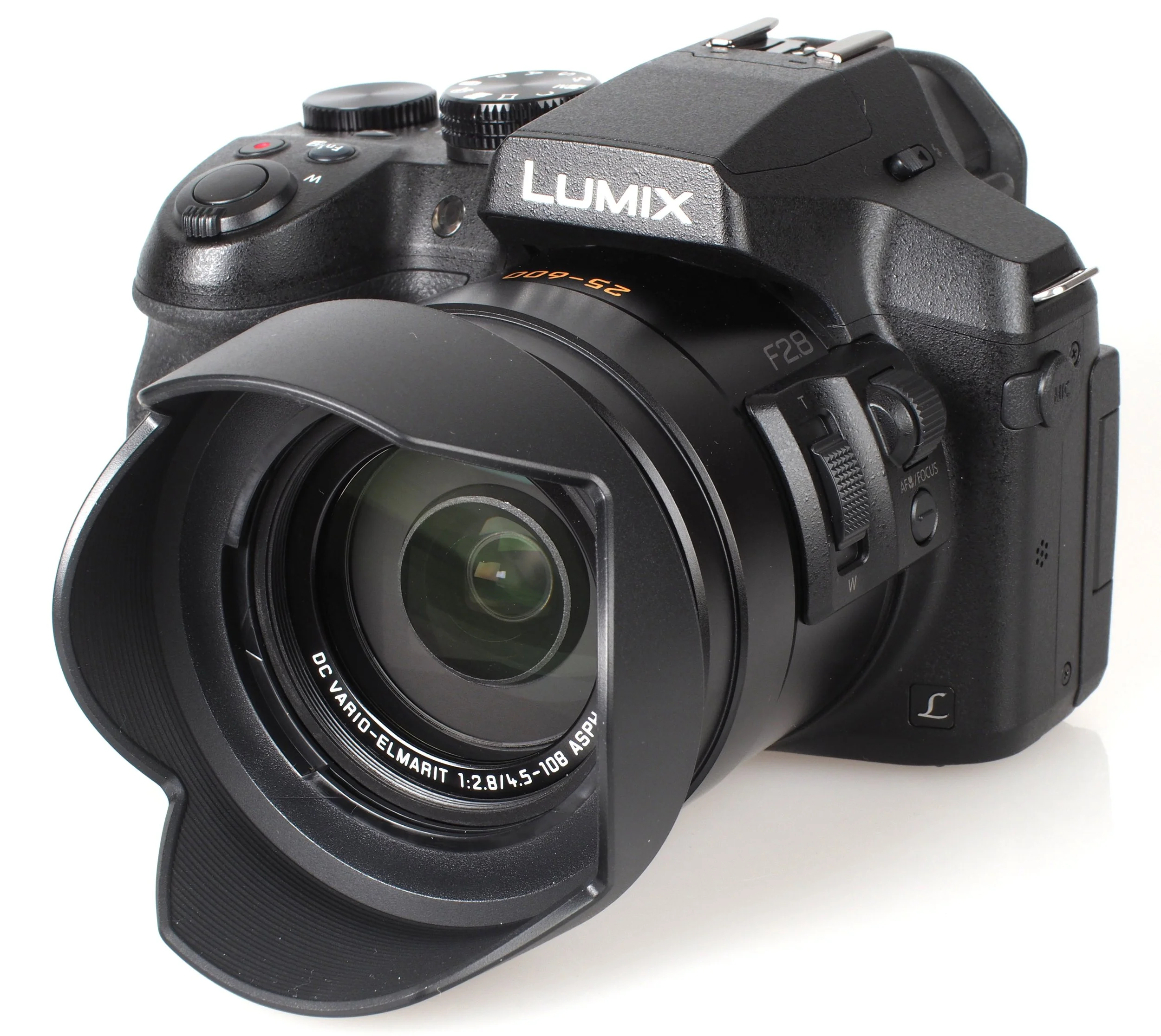 A black Lumix digital camera with a large lens and lens hood attached.