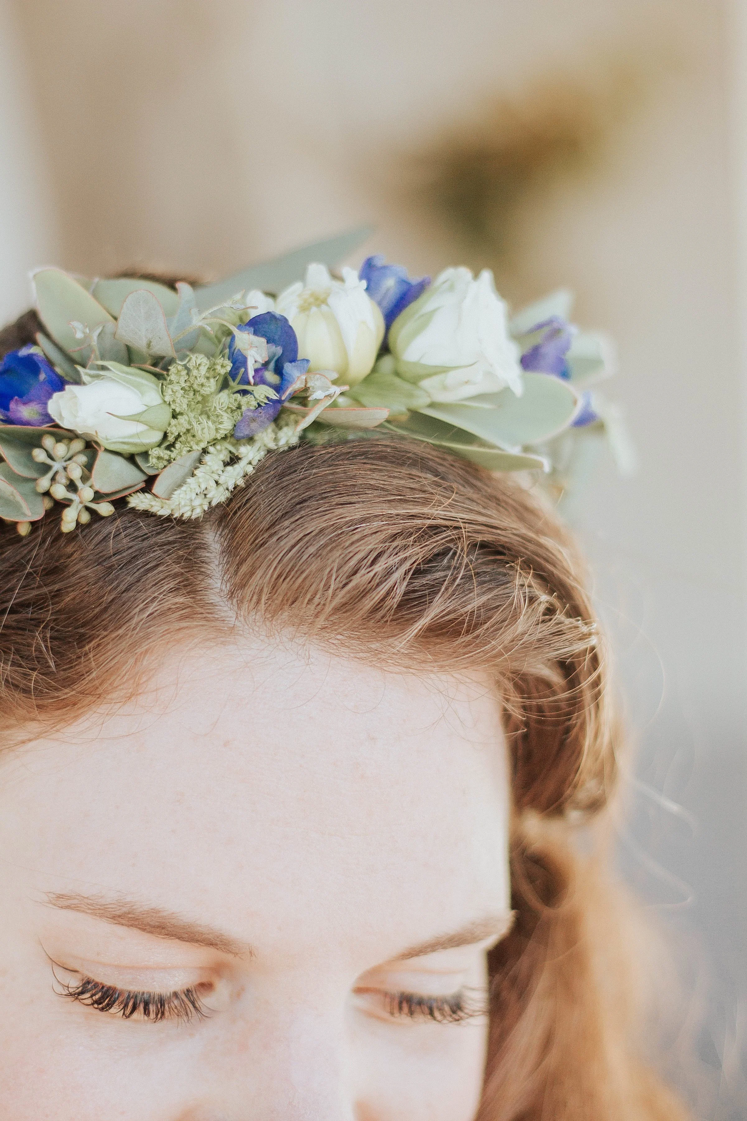 blue bridal floral crown or headband by Wild Spirit Floral
