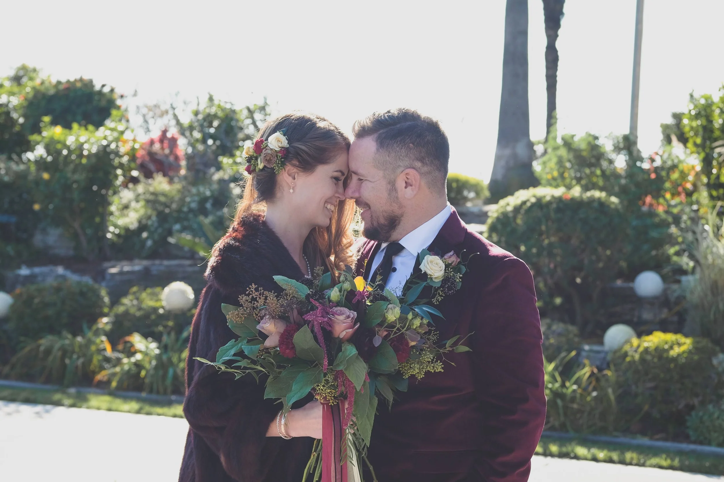 LA wedding; maroon bridal bouquet; Hollywood glam wedding flowers