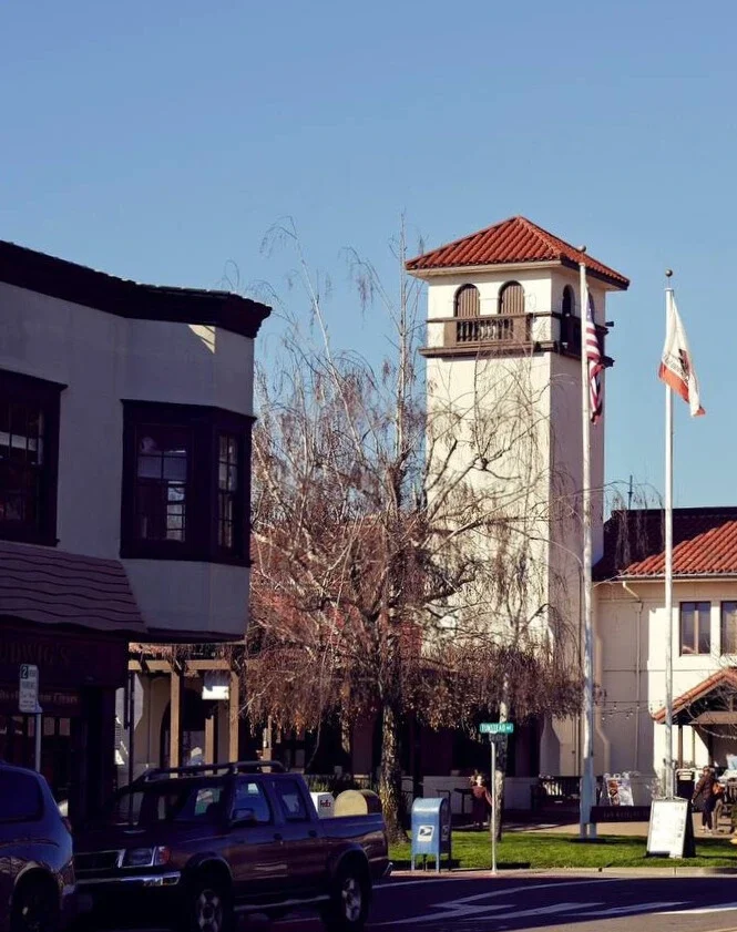 A street scene featuring a tall tower with a red-tiled roof, a white clock tower, and two flags flying on flagpoles, with parked cars in the foreground and a leafless tree in the center.