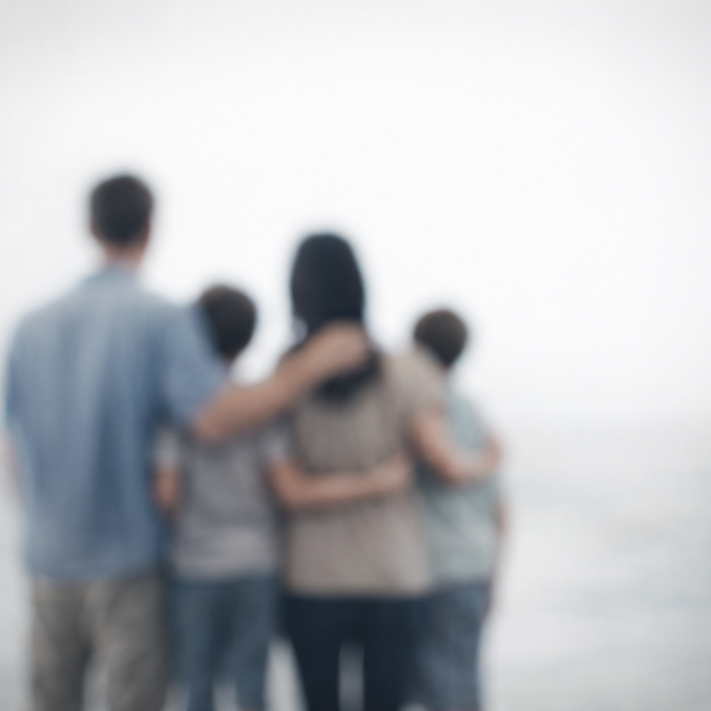 Eine Gruppe von vier Menschen steht eng beieinander und schaut in die Ferne, am Meer oder See.