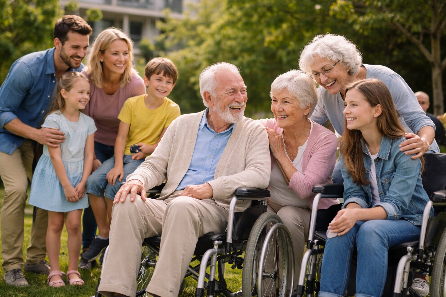 Gruppe von fünf Erwachsenen und drei Kindern, die im Park lachen und sich um ältere Menschen in Rollstühlen versammeln.