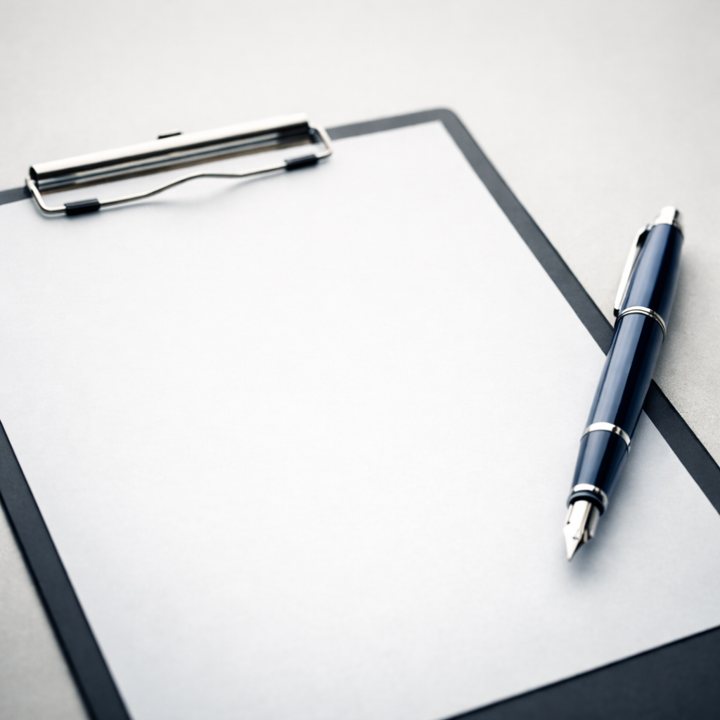 Leere schwarze Klemmbrett mit weißem Papier, blauer Kugelschreiber, auf grauem Tisch.