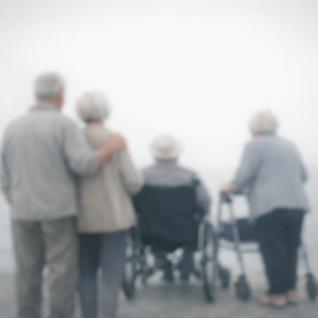 Vier ältere Menschen, drei Frauen und ein Mann, stehen zusammen und schauen in die Ferne, auf einer weißen, nebligen Fläche.