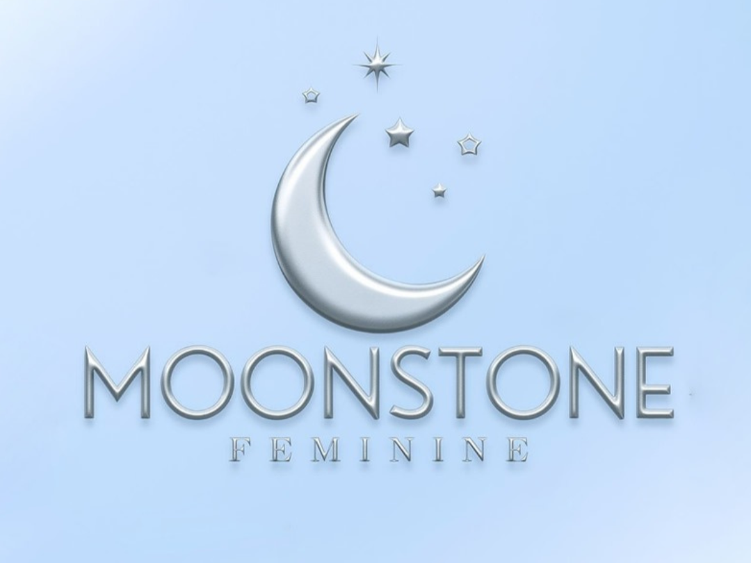 Silver moon and star graphics with the text 'Moonstone Feminine' on a blue background.
