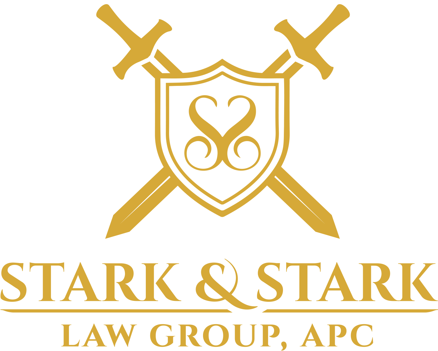 A logo for Stark & Stark Law Group, APC, featuring two crossed swords behind a shield with a heart and swirl design, in gold and black.