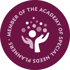 Logo of the Academy of Special Needs People featuring a stylized human figure with raised arms inside a pair of hands, surrounded by a purple circular border with white text.