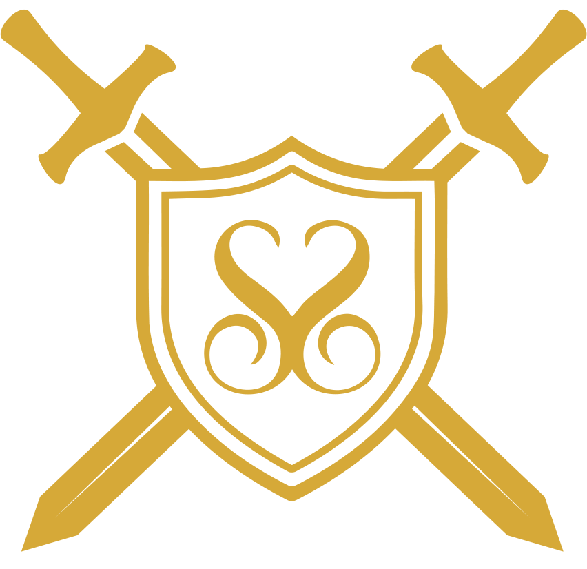 Gold shield with a heart and swirls in the center, crossed by two gold swords with a black background.