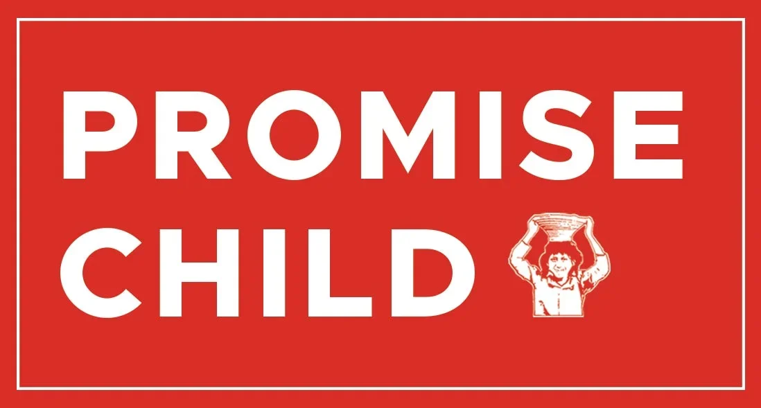 Red poster with white text that says 'PROMISE CHILD' and a small illustration of a child holding a board over their head.