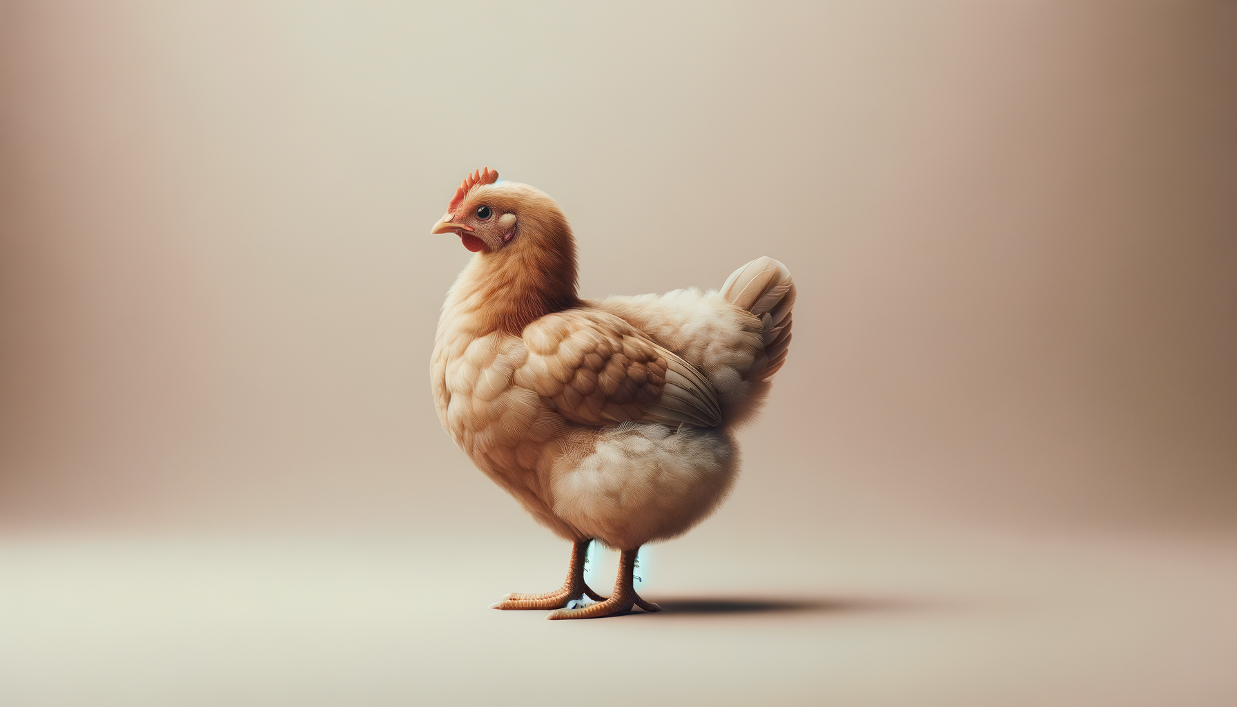 A creature with the body of a hen and the head of a chicken, standing on a beige background.